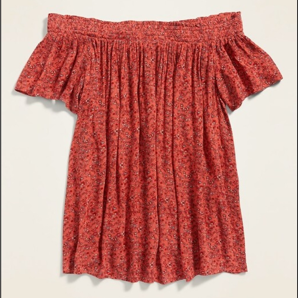 Red Floral Print Off-Shoulder Crinkle Crepe Blouse